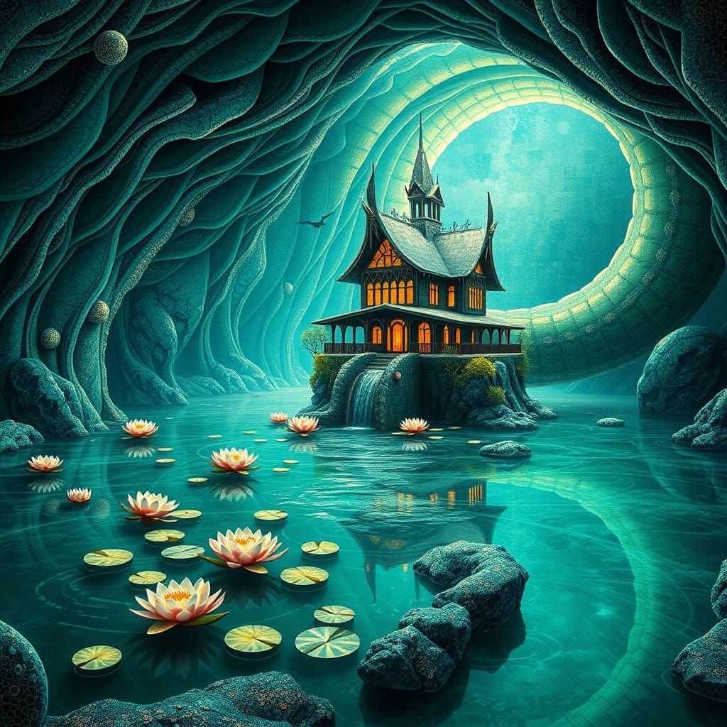 Surreal Cosmic Dreamhouse Teeters on Serpentine Monster's Ja...