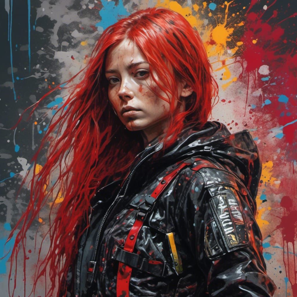 Red Haired Woman in Leather Suit with SMG