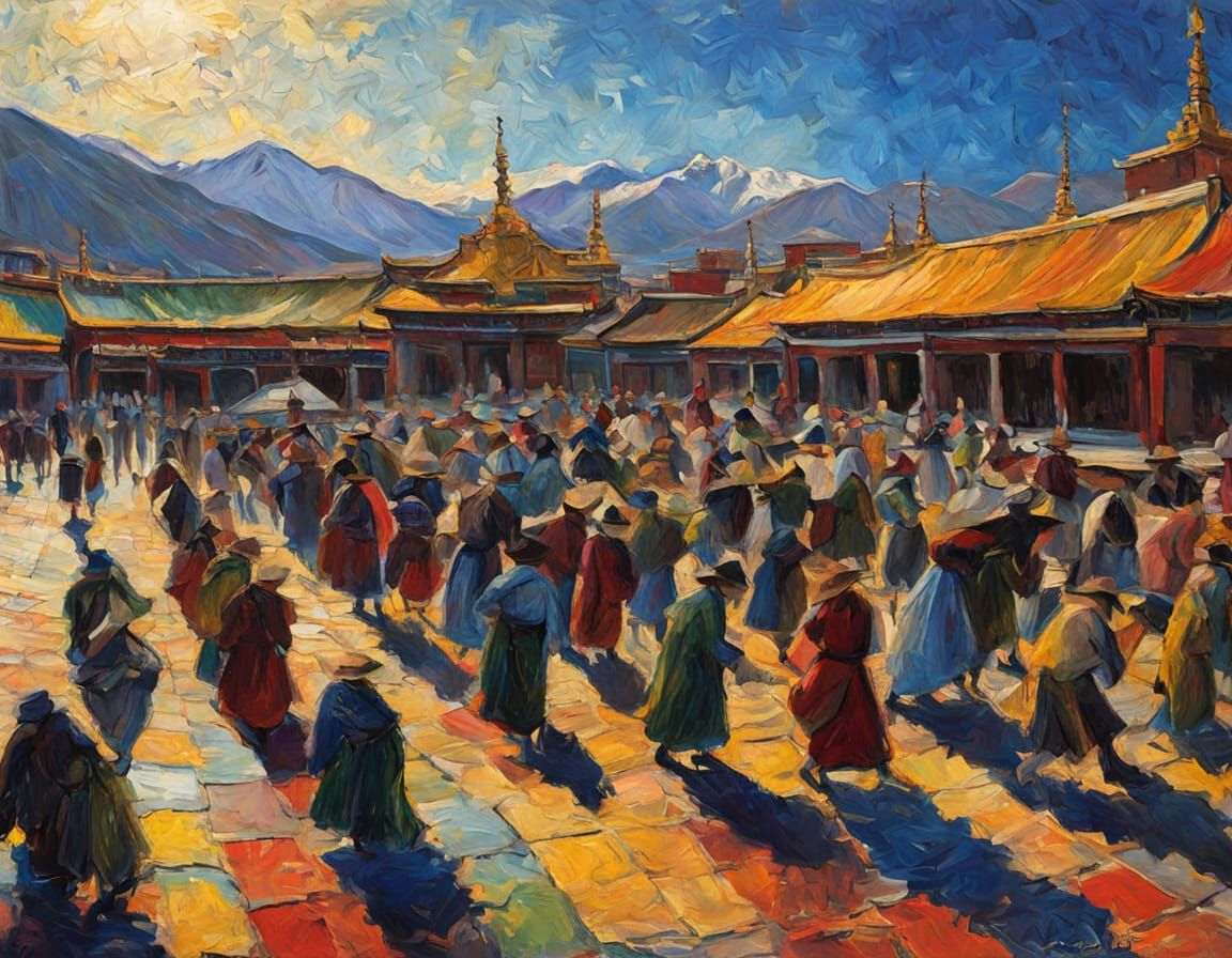 Pilgrims Worship Jokhang Temple in Golden Hour Light