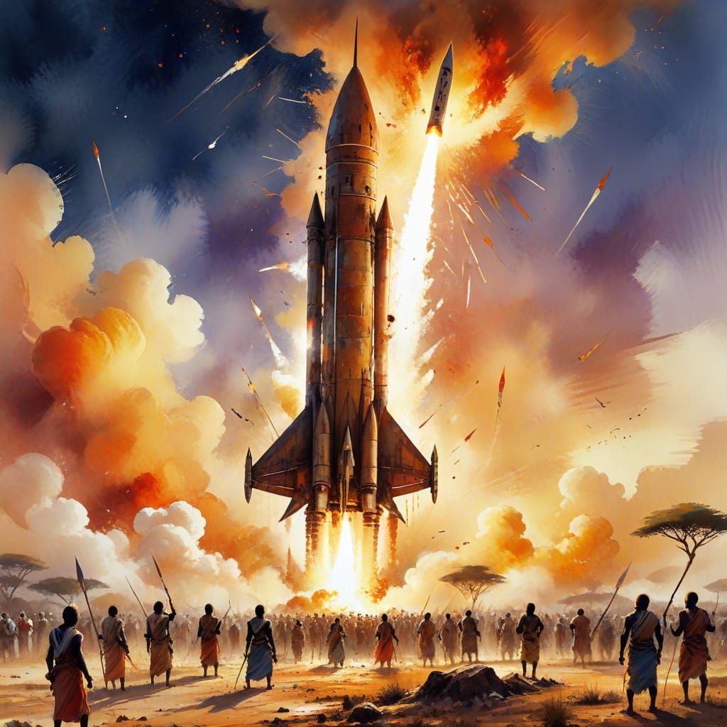 African Tribe Launches Rocket Ship: Watercolour Fantasy
