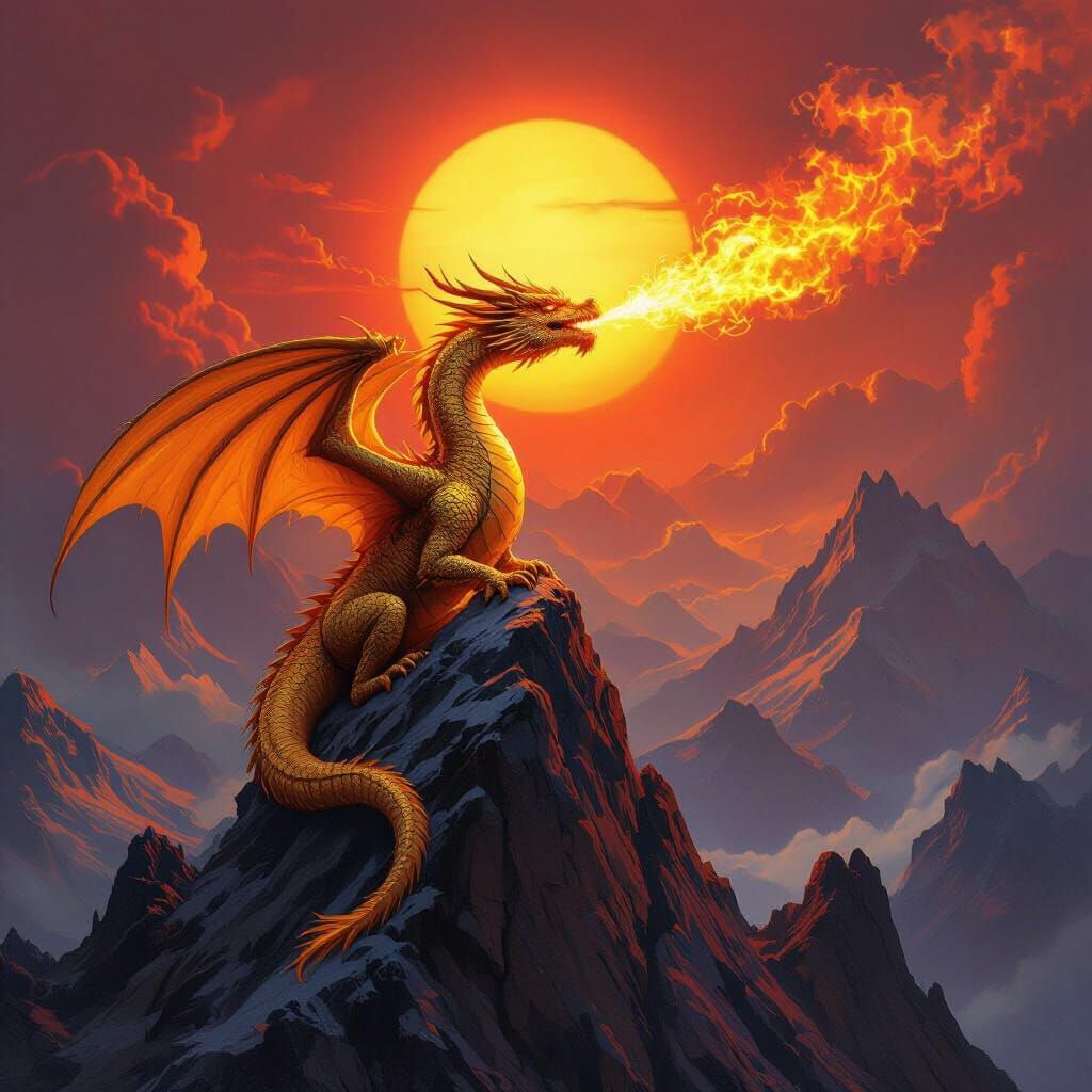 Golden Dragon Breathes Fire on Mountain Peak Under Crimson S...