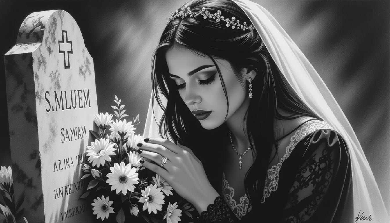 Goth Woman Mourns Wife in Detailed Charcoal Drawing