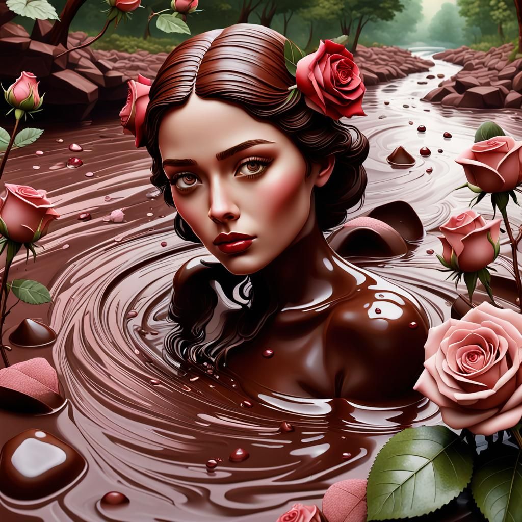 Hyperrealistic Chocolate and Roses Landscape with Woman