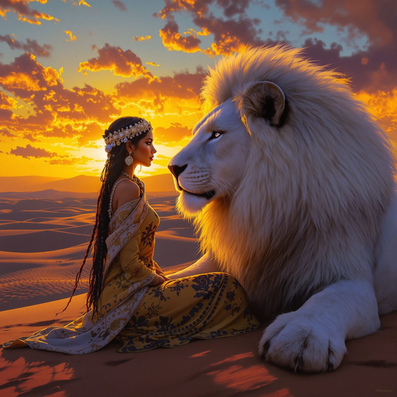Bedouin Girl and White Lion at Desert Sunset