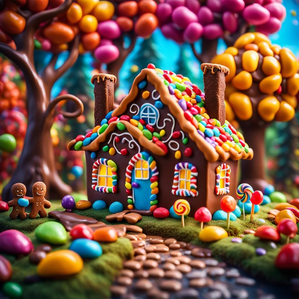 A cute chocolate house in the forest with colourful lollipop trees, jelly beans forming flowers, and gingerbread men wa...