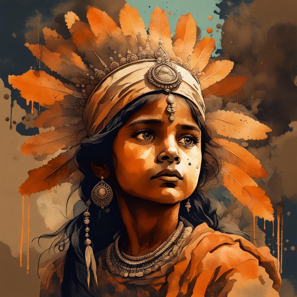 Hopeful Indian Girl in Ink Painting Style
