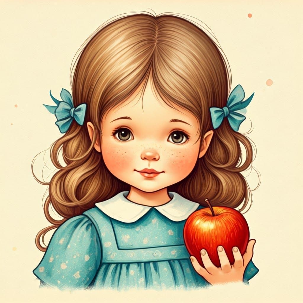 Girl with Apple: Beatrix Potter Style Illustration
