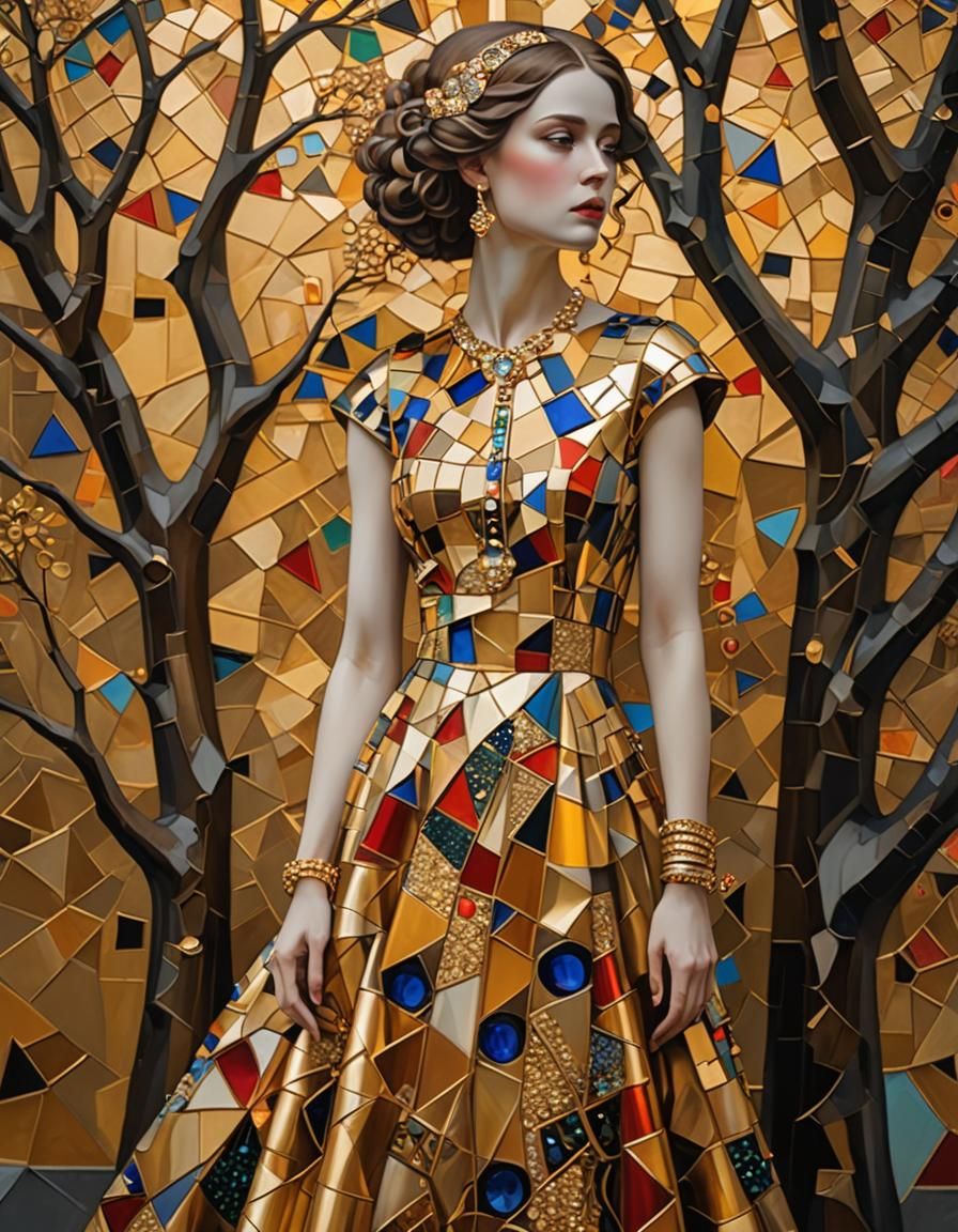 Woman in Geometric Dress in Klimt Style