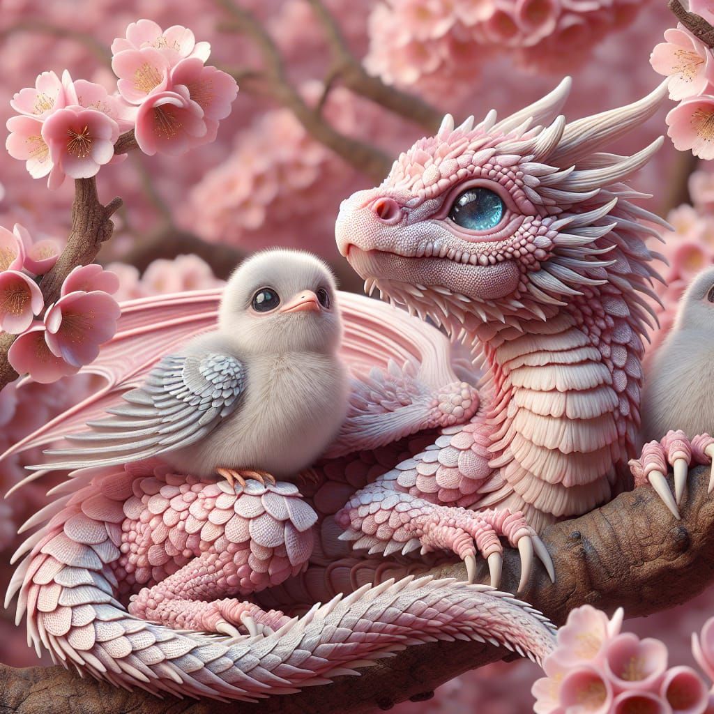 Pastel Dragon and Bird in Cherry Blossoms