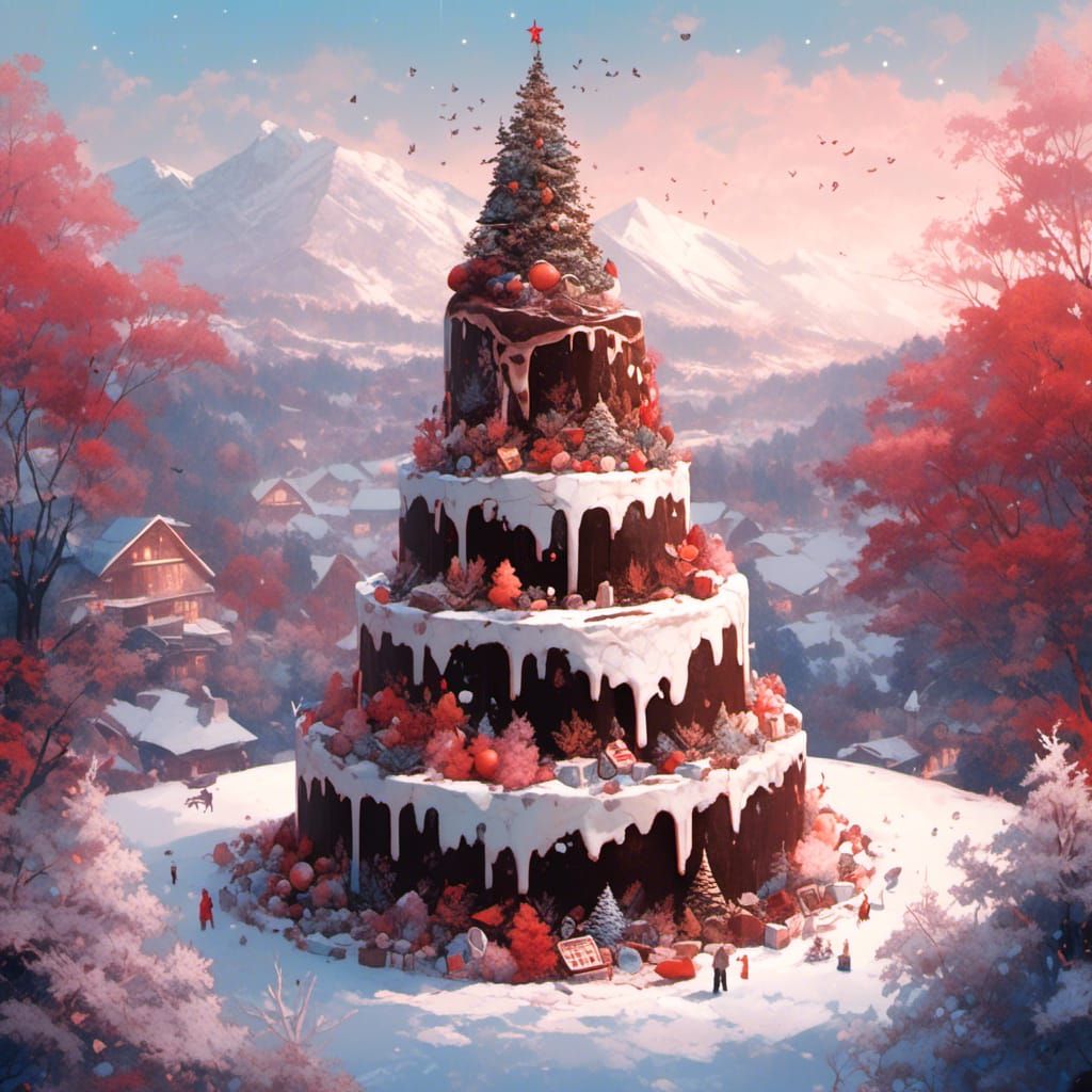 Christmas Landscape with Chocolate Cake