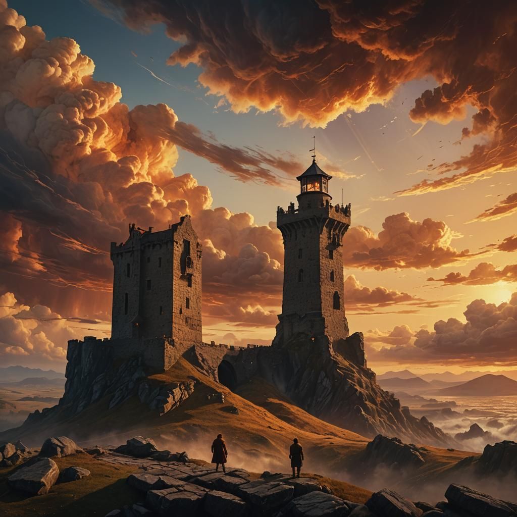 Fiery Watchtower: Cinematic Digital Painting in Romantic Sty...