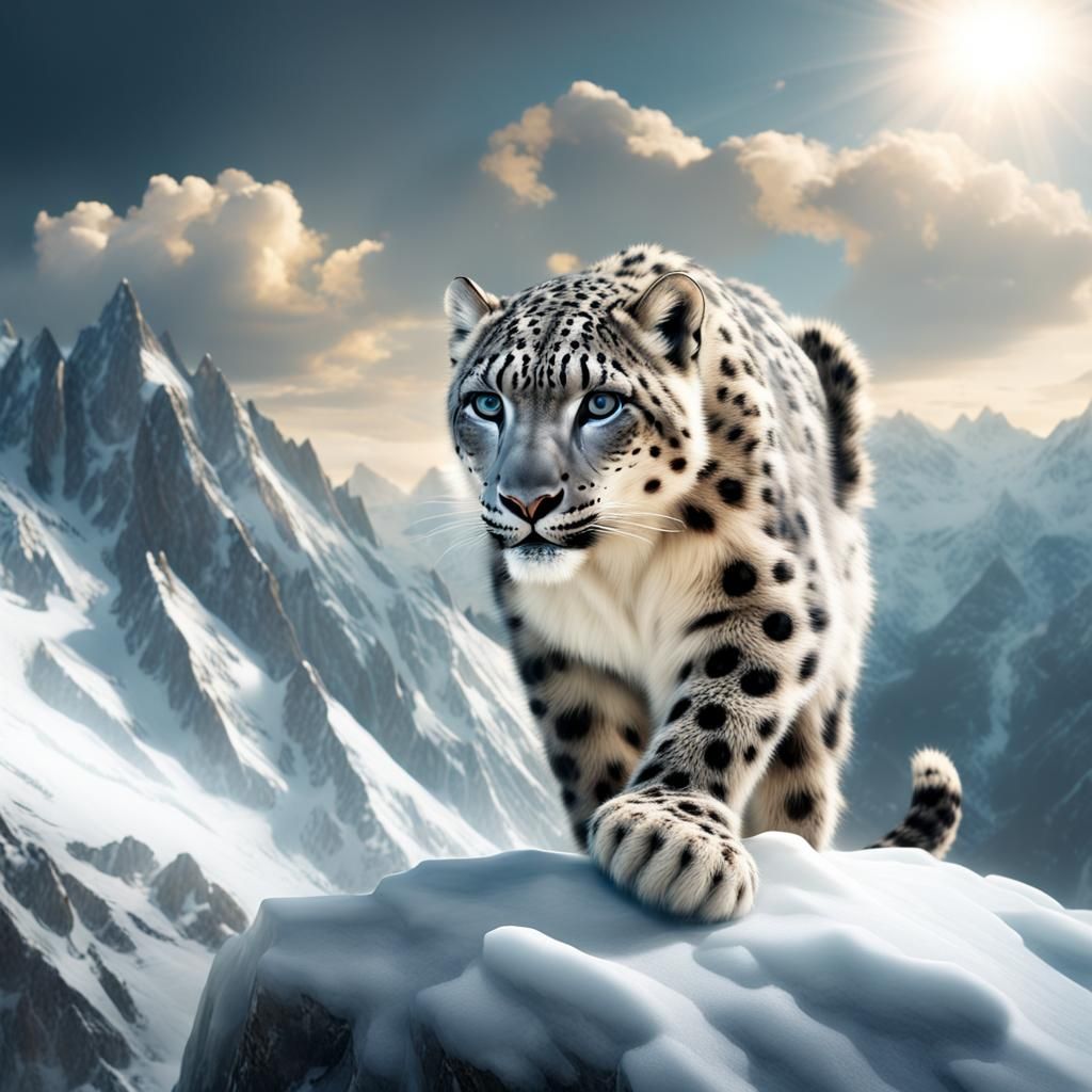 Snow Leopard Climber on Glacier in Digital Painting