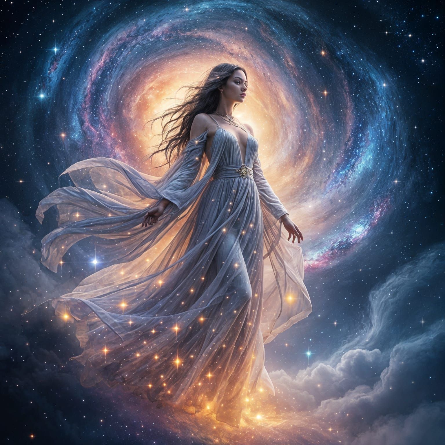 Goddess with Black Hair and Galaxy Background
