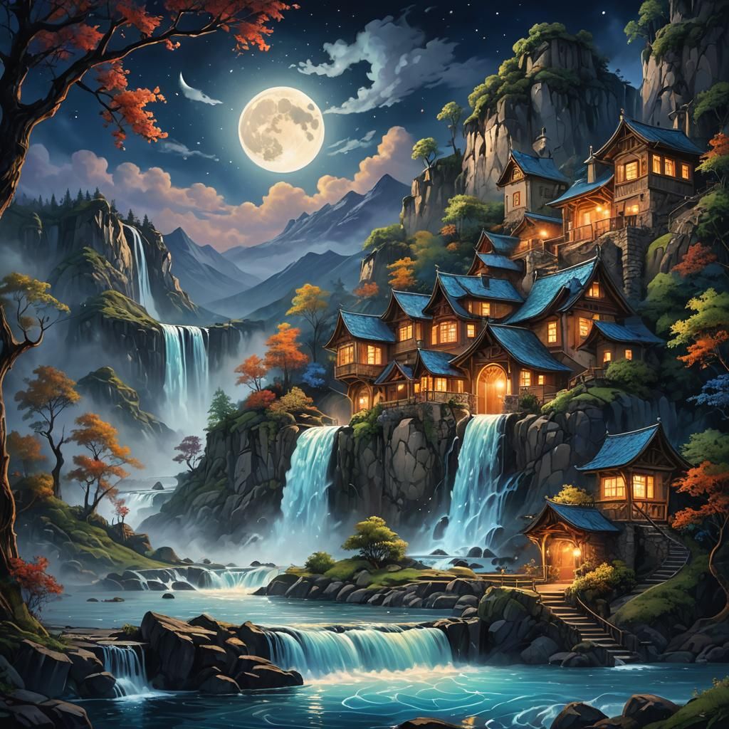 Crescent Moon Waterfall in Fantasy Landscape