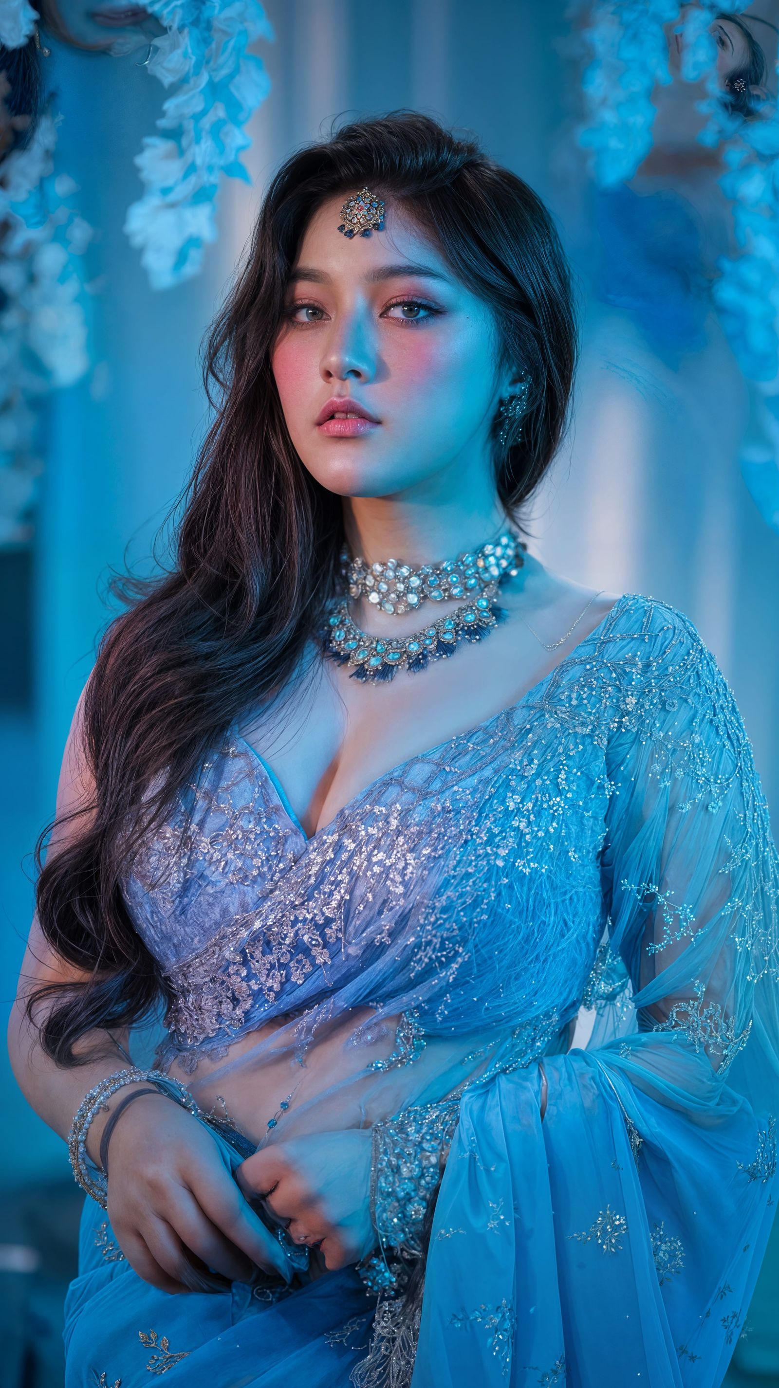 Elegantly Dressed Young Korean Woman in Blue Saree