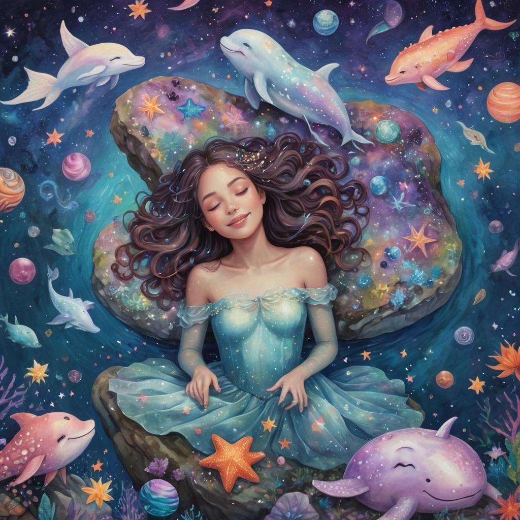 Dreamy Lake Scene with Unicorn and Galaxy Background