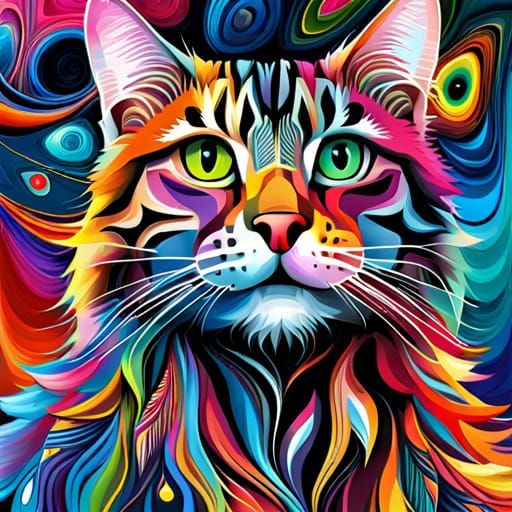 Hyper-Maximalist Cat Painter in Psychedelic Digital Art