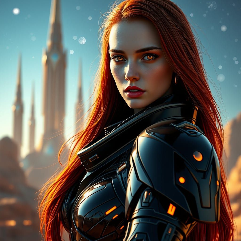 Elegant Space Warrior in Cyberpunk Armor