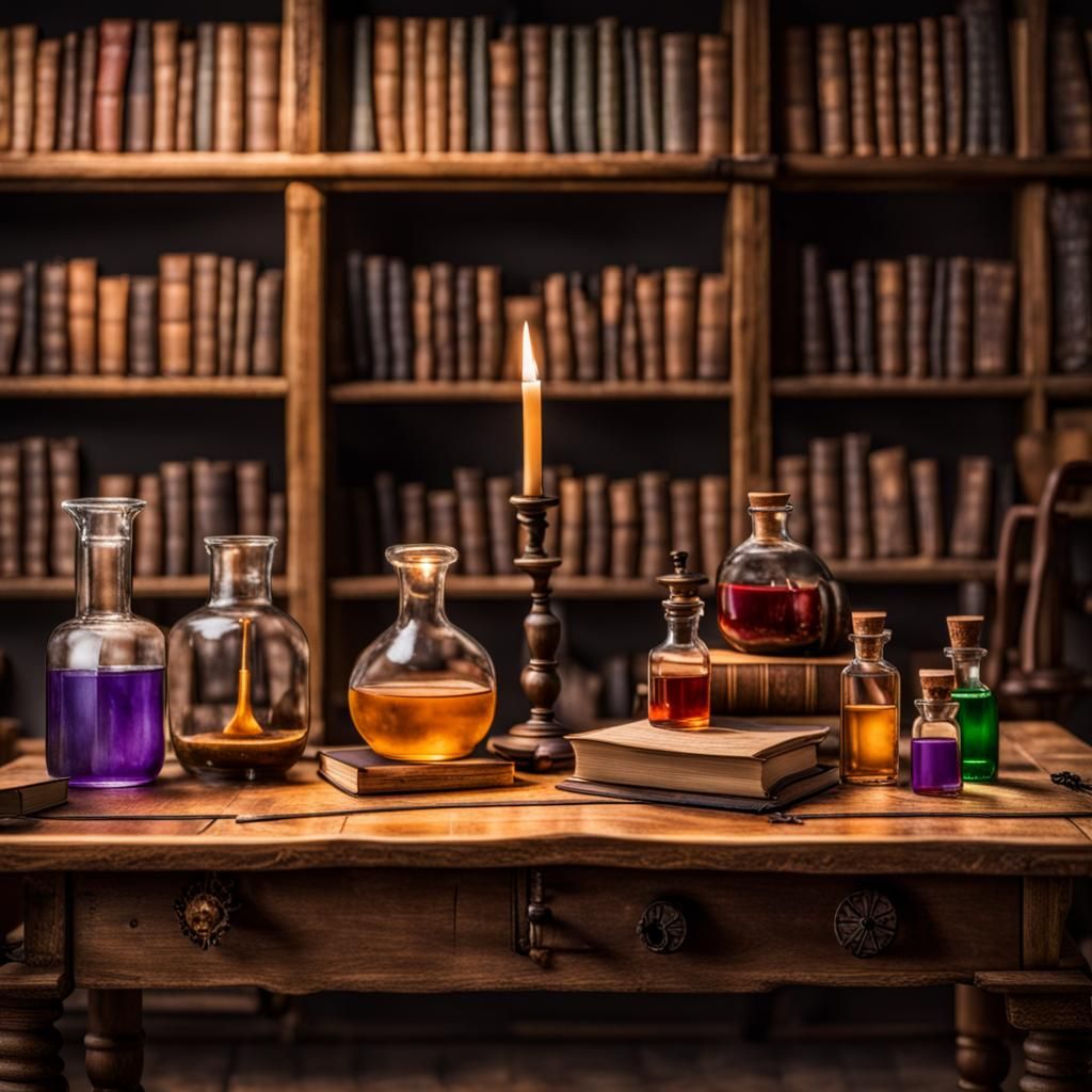 Potions on Table with Bookshelf Background