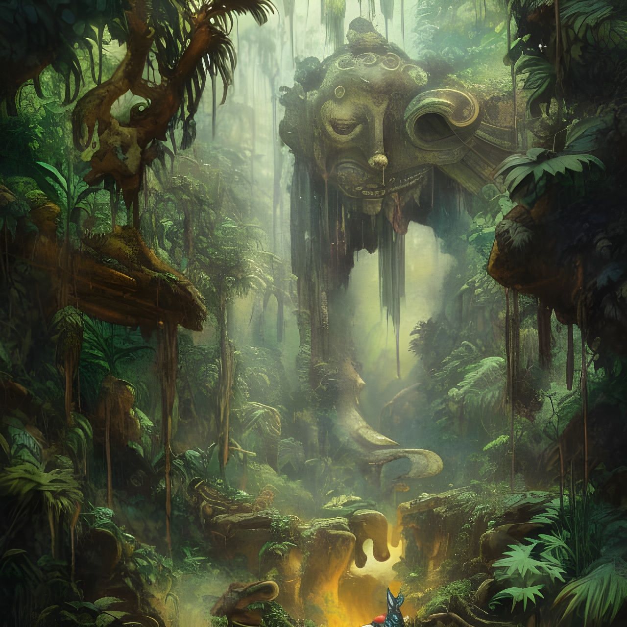 Ancient Jungle Statue: Watercolor Masterpiece