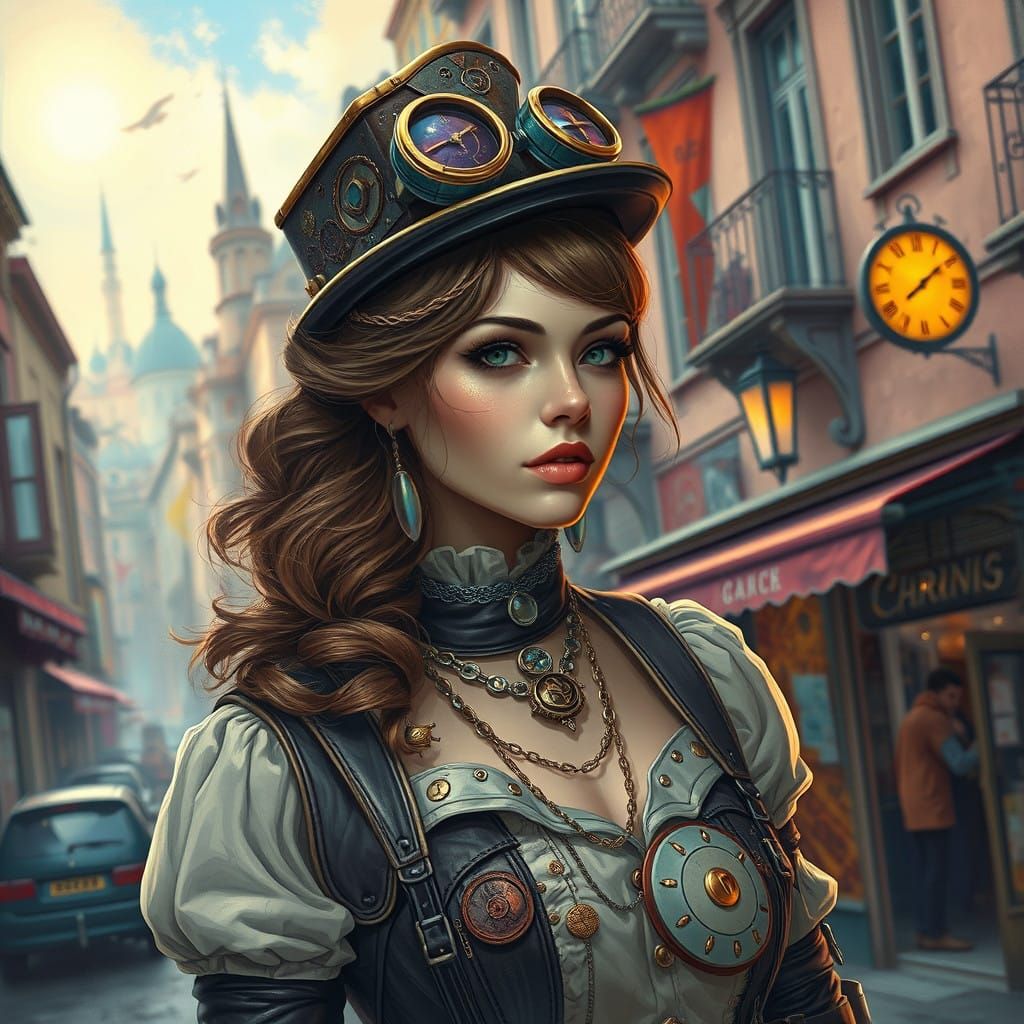 Surreal Steampunk Maiden in Vibrant European Cityscape