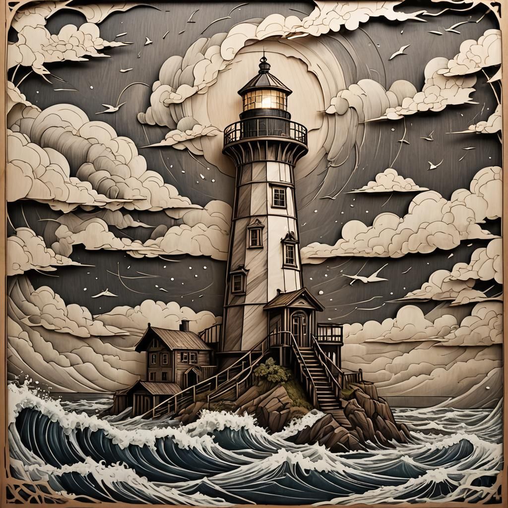 Lighthouse in Storm: Laser-Cut Escher Steampunk