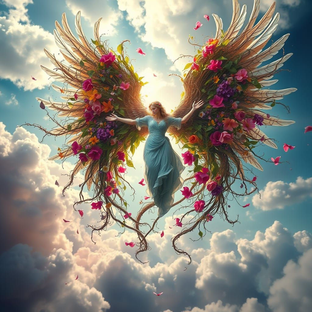 Majestic Angel Descends With Wings of Flowers