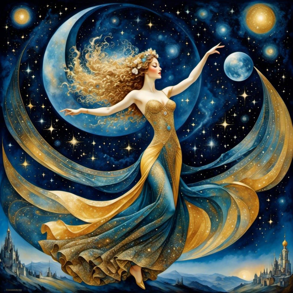 Celestial Goddess Dancing Among Stars: Surreal Galactic Art