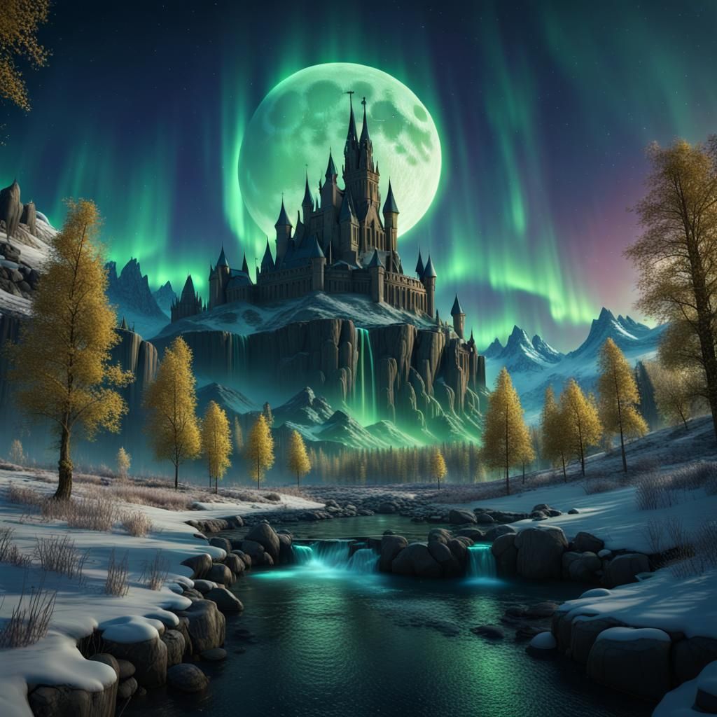 Fantasy Kingdom Under Aurora Borealis at Night