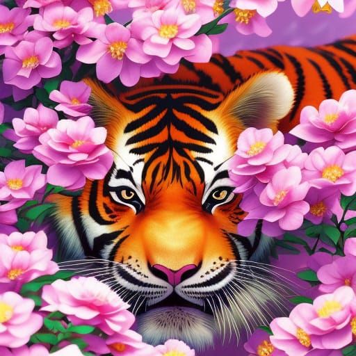 Adorable Cartoon Tiger with Flowers in Anime Style