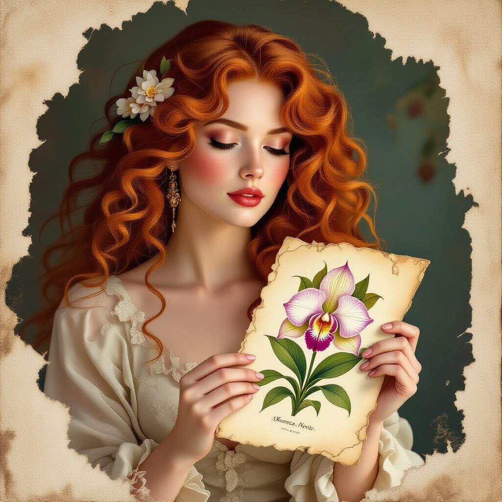 Woman with Orchid Botanical Illustration in Rousseau Style