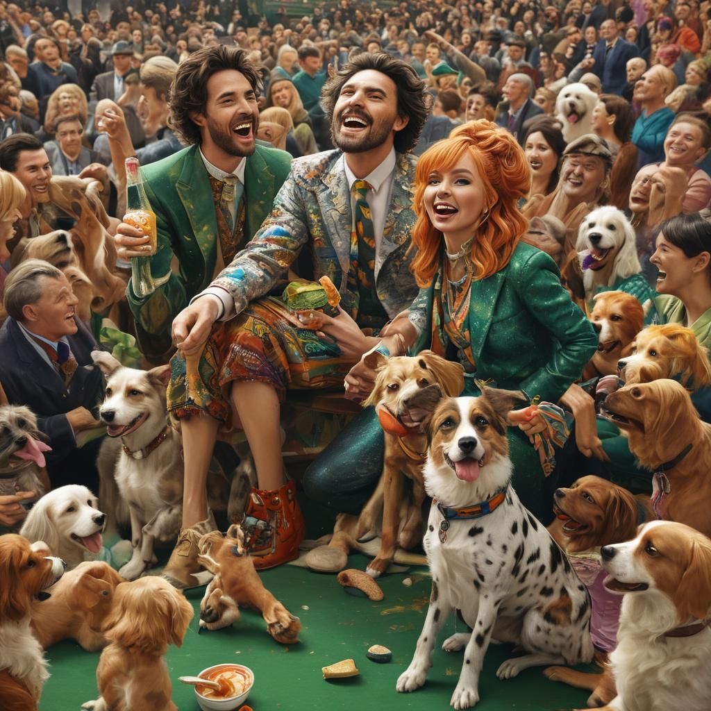 Eccentric Couple Enjoys Sandwich with Dogs, Hyperrealistic S...