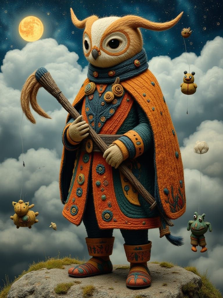 Owl-Headed Trickster Spirit on Thundercloud in Folk Art Styl...
