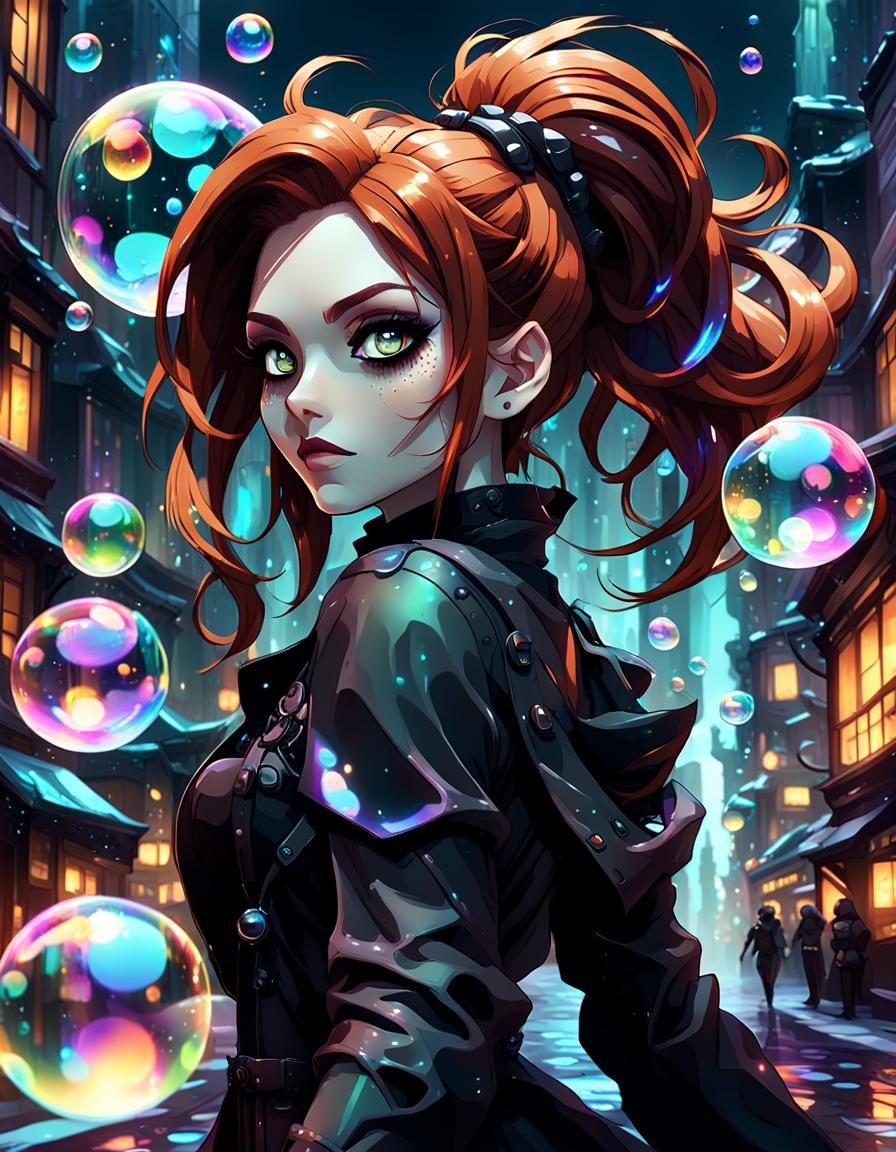 Anime Villain in Futuristic City with Soap Bubbles