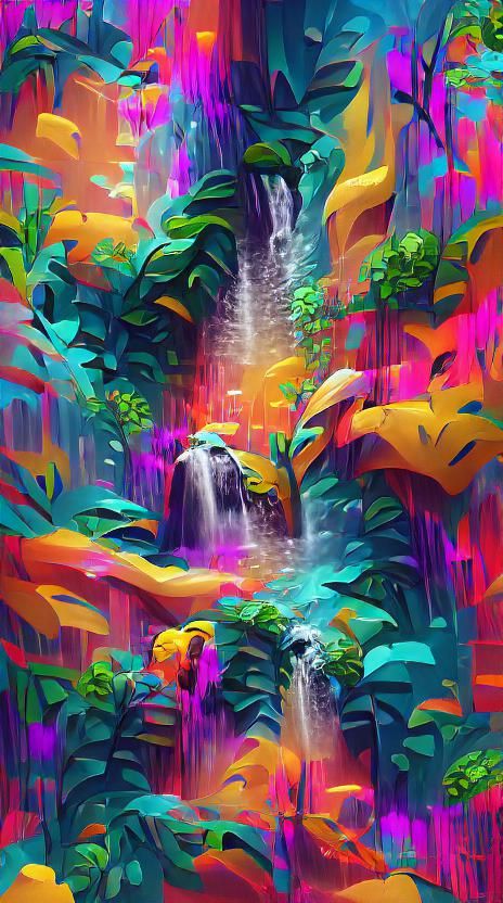 Lush Jungle Waterfall in Colourful Maximalist Style