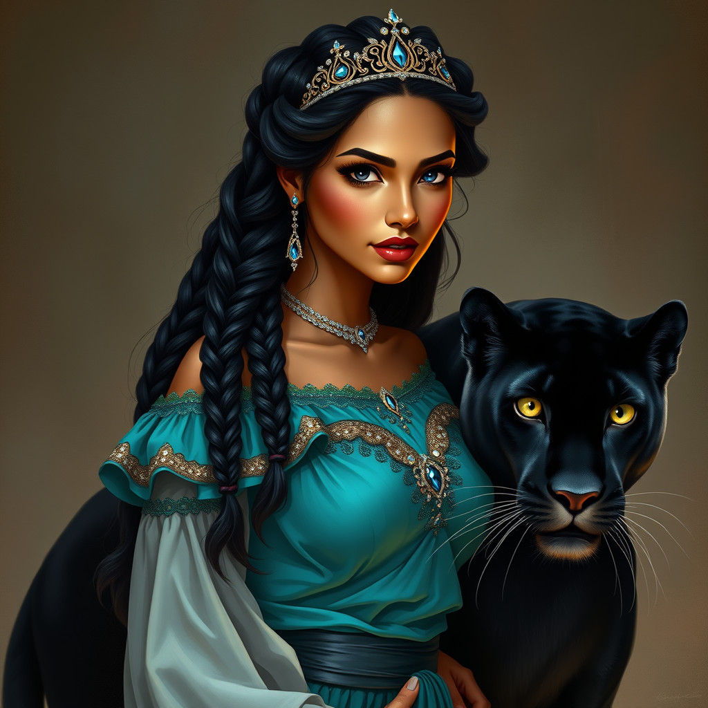 Regal Woman with Black Panther, Matte Painting