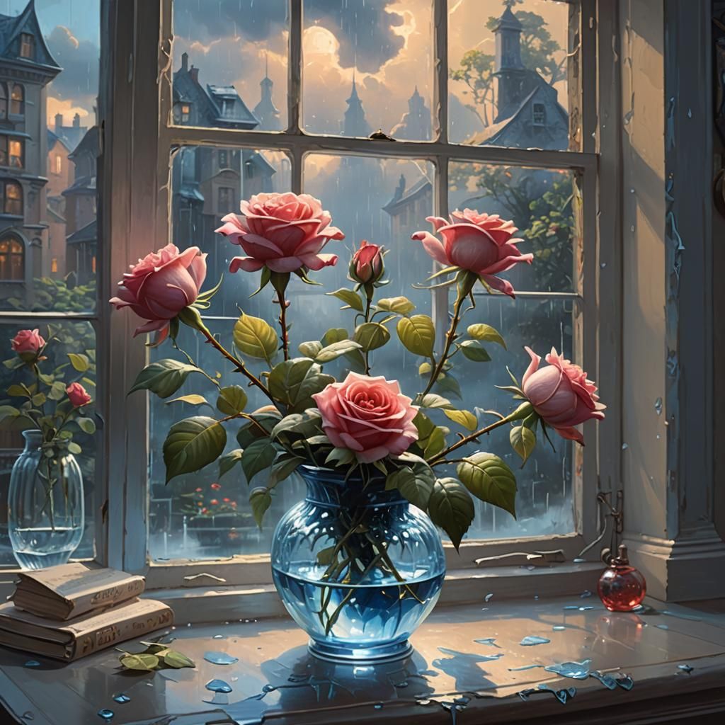 a painting of two roses in a vase on a window sill, Artstati...