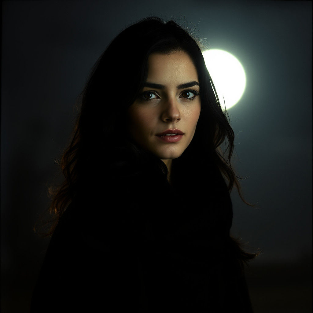 Ethereal Woman Under Moonlight: Cinematic Film Still