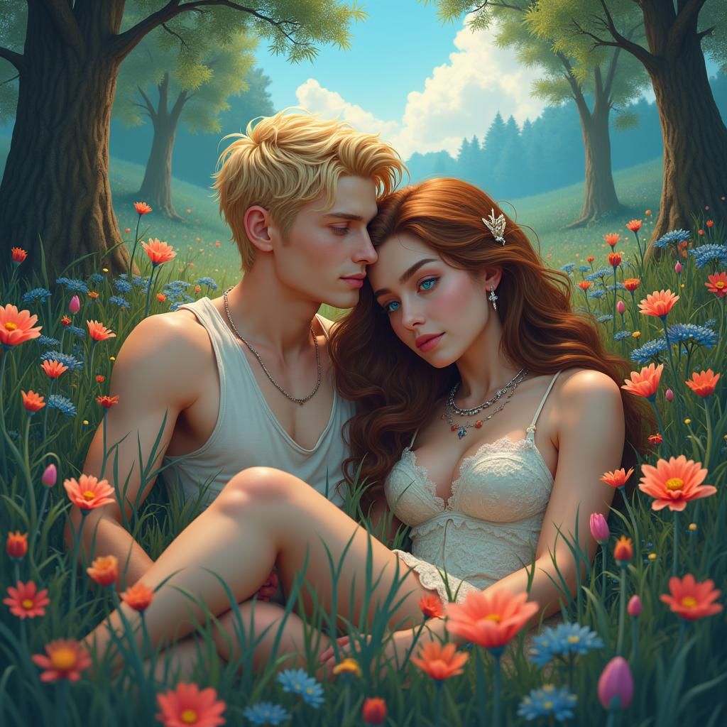 Lovers in Flower Meadow, Fantasy Concept Art
