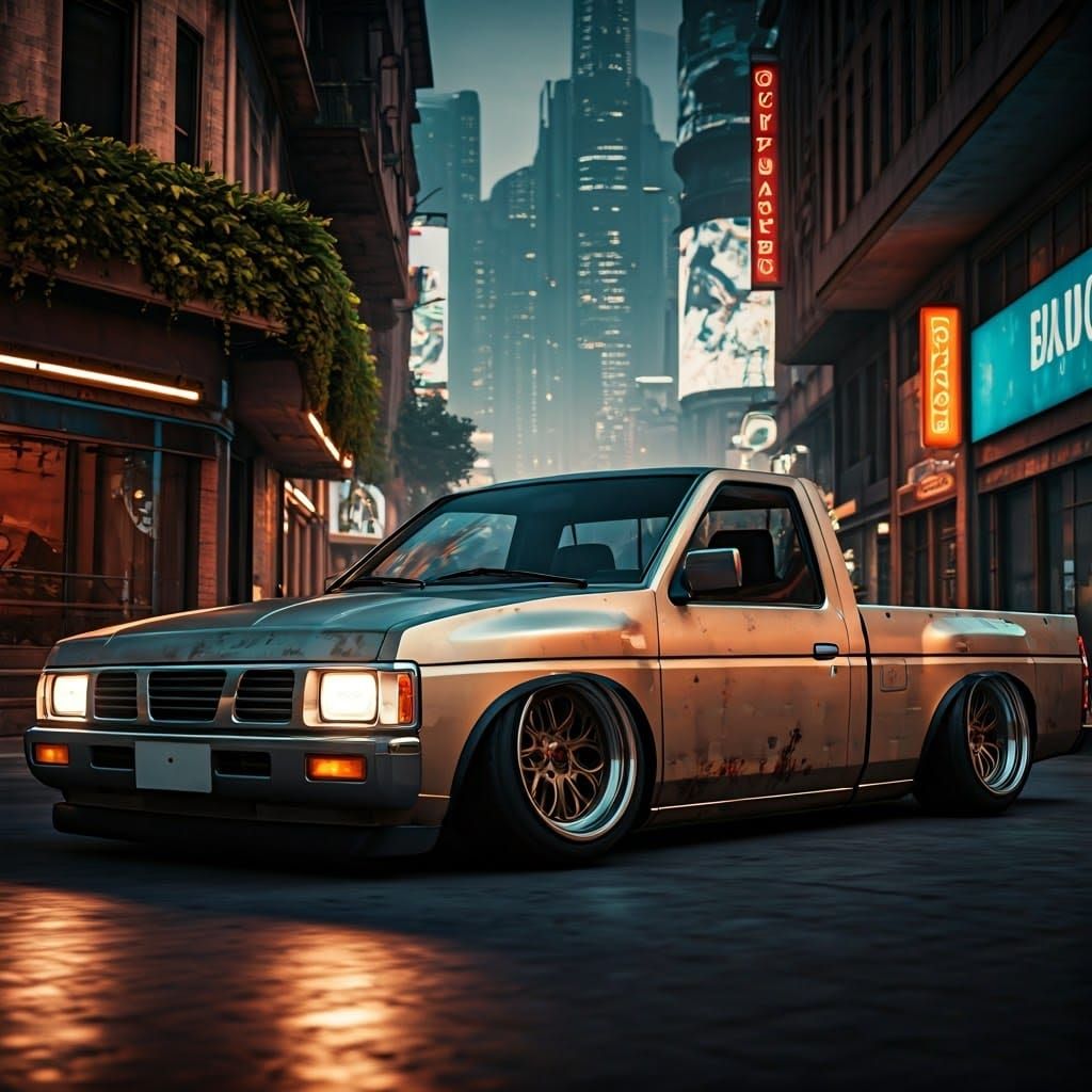Nissan D21 Pickup Cruises City Street at Dusk