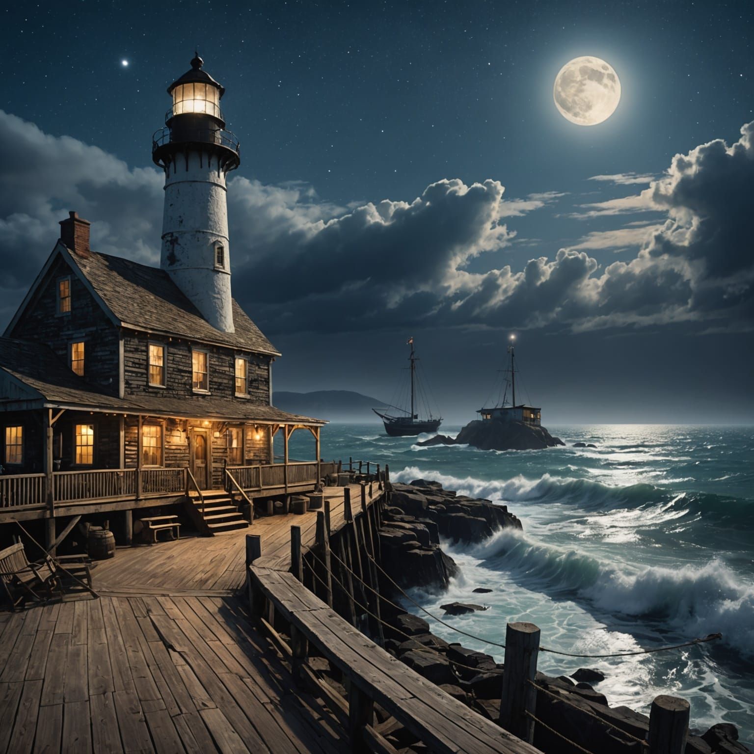 Weather-Beaten Tavern on a Wharf Under Galaxy Sky