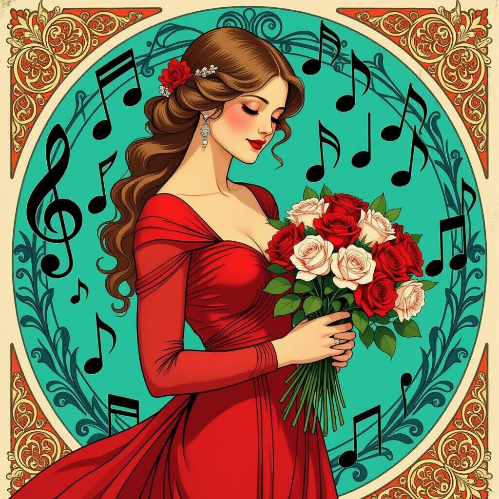 Woman in Red Dress with Musical Notes, Art Nouveau Style