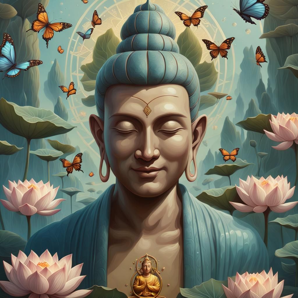 Fantasy Buddha Portrait with Lotuses and Butterflies