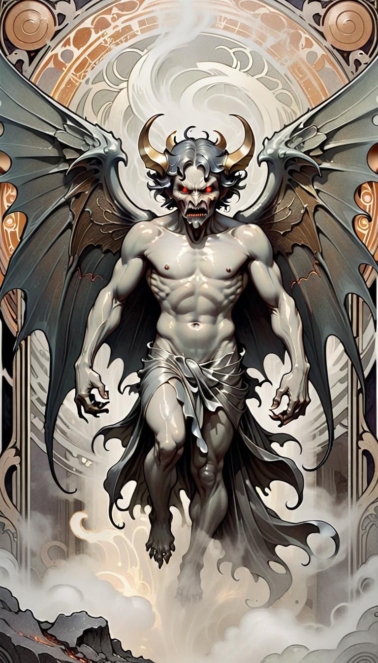 Chibi Demon Emerges in Art Nouveau Style