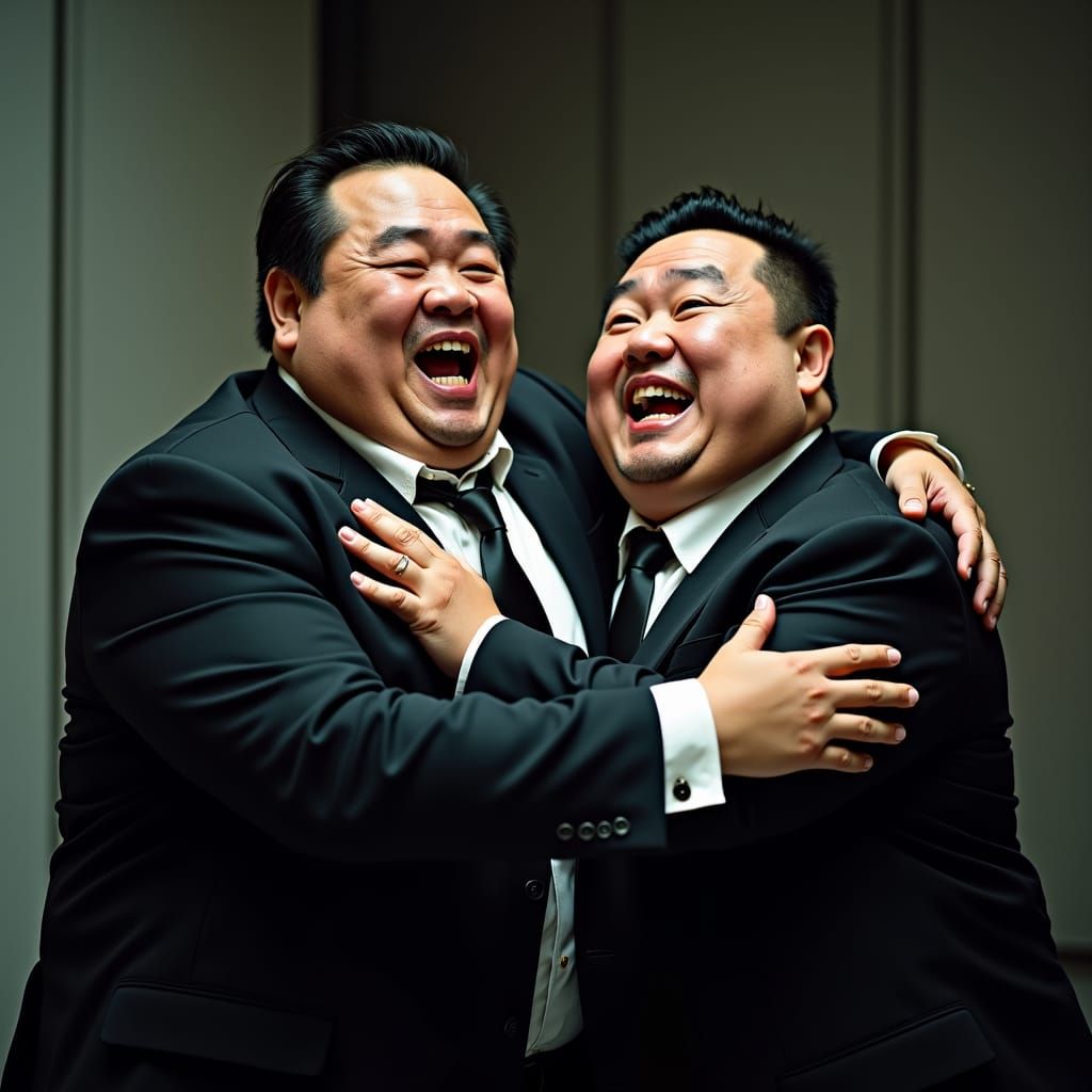 Grinning Businessmen Embrace in Cinematic Film Noir