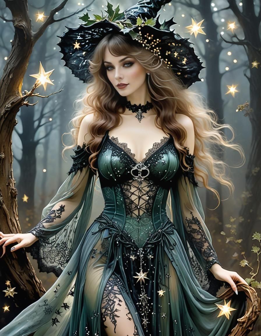 Enchanting Forest Witch in Ethereal Encaustic Style