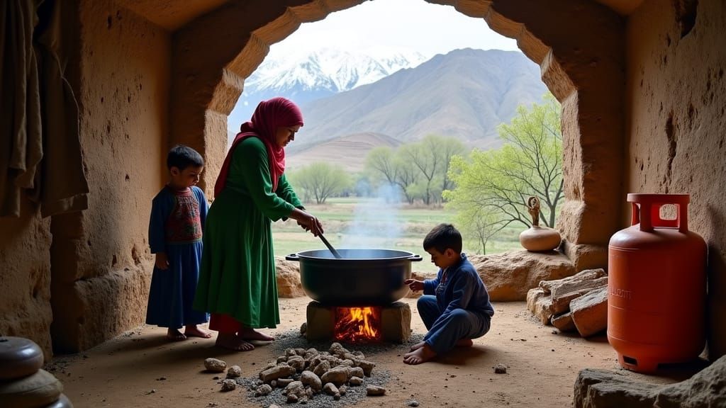 Afghan Family in Cave Kitchen, Documentary Style