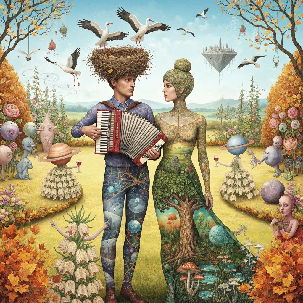 Surreal Accordionist at Galaxy's End in Whimsical Utopia