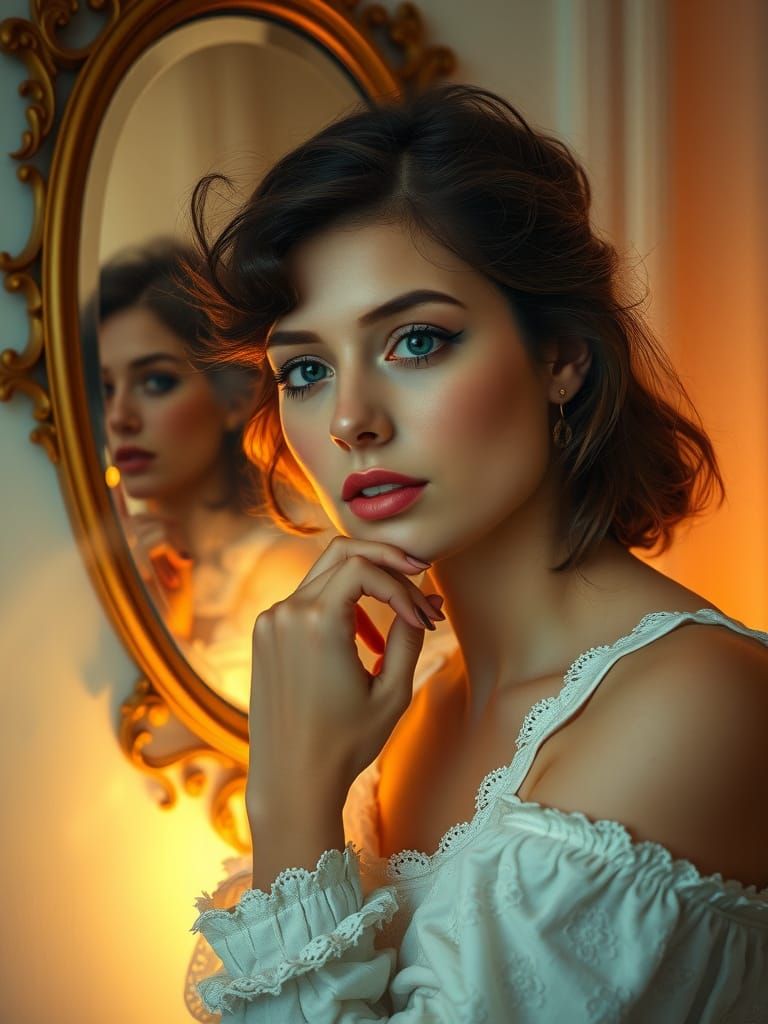 Woman in Soft Light, Lost in Thought, as Ethereal Painting