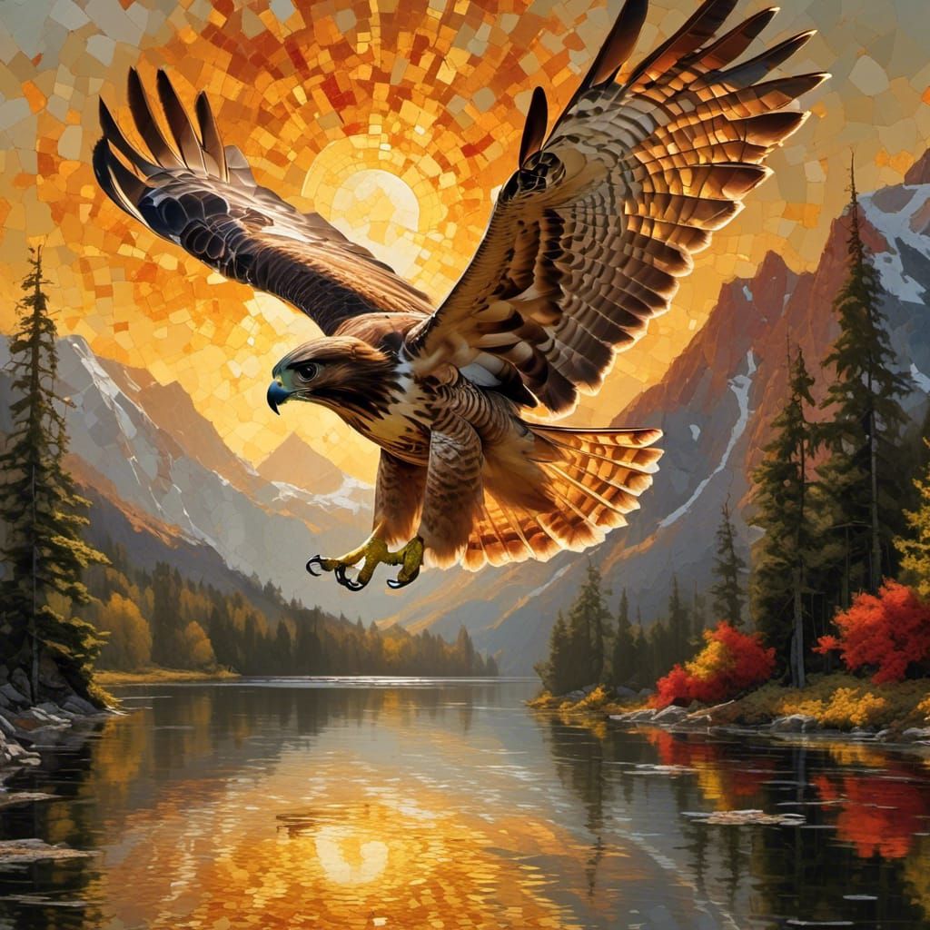 Sun beams as hawk flies